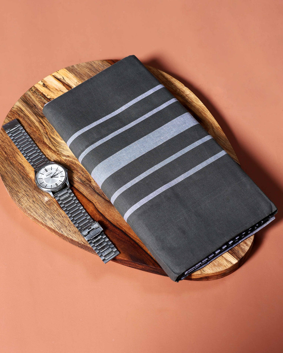 Sangu Brand Men's Premium Cotton Striped Lungi Stitched - Dark Grey