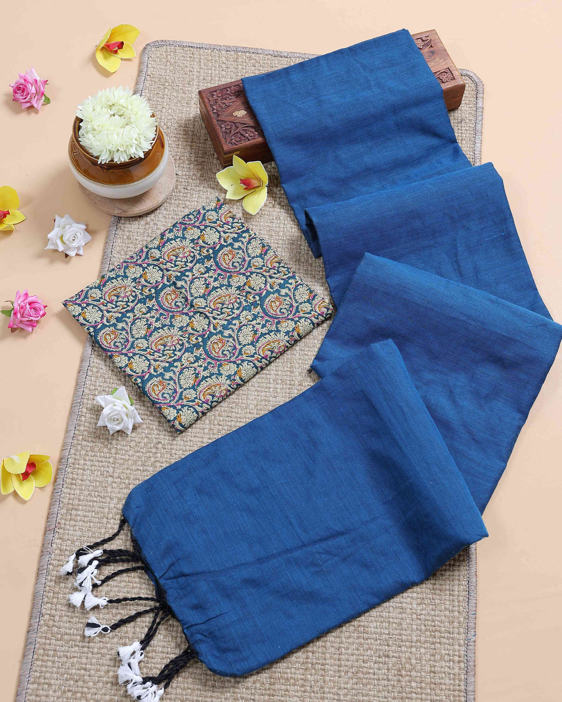 Handloom Khadi Cotton Saree with Contrast Printed Blouse and Tassel Accents - Teal