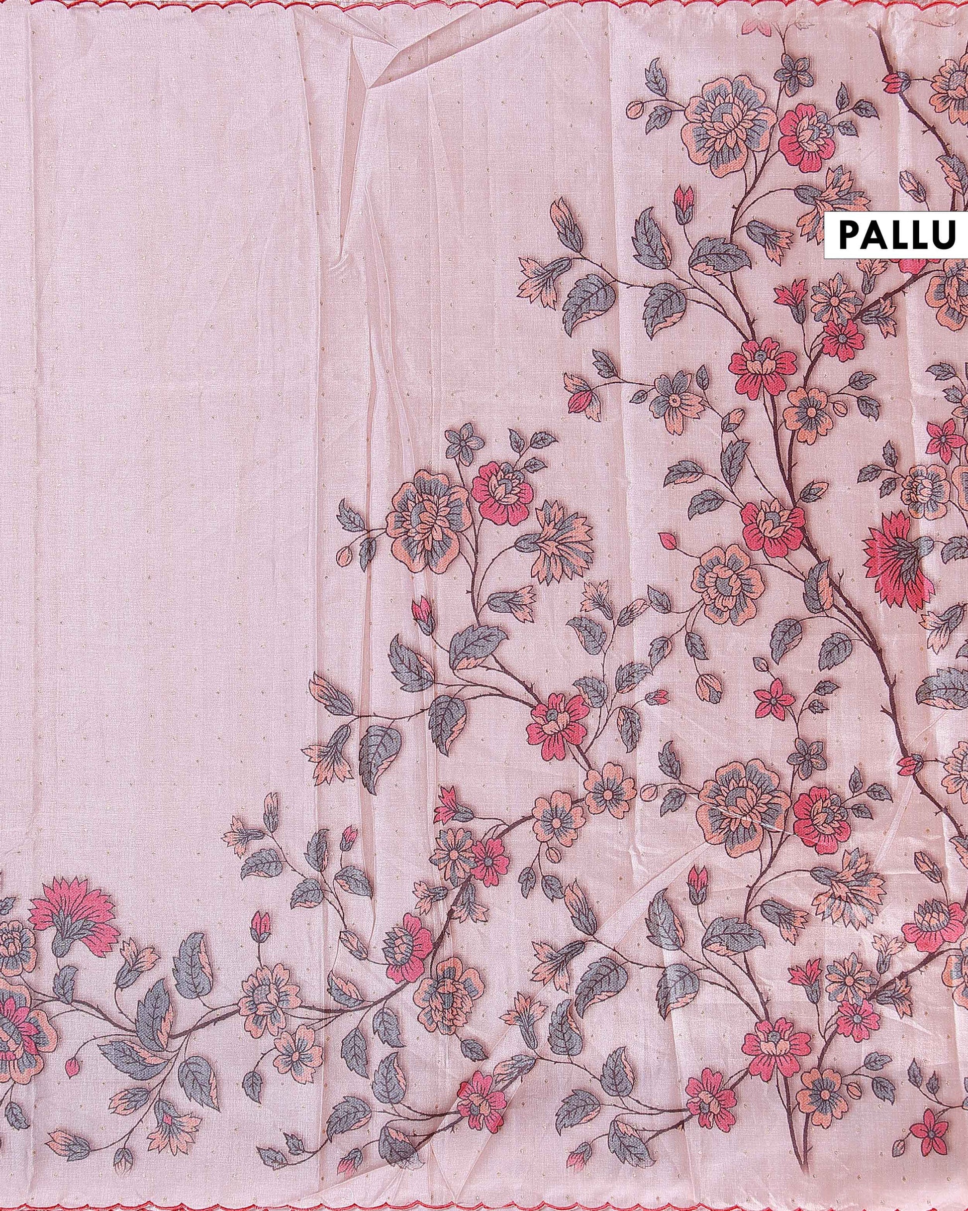 Semi Tussar Silk Saree with Floral Embroidery and Zari Dots - Light Pink-head-