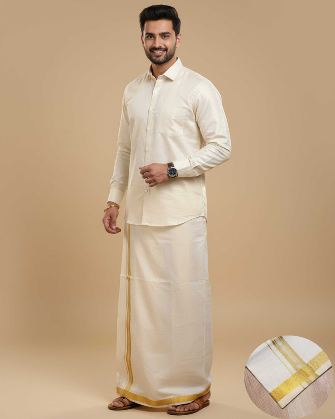 Shirt & Dhoti Set with Traditional Border - Cream