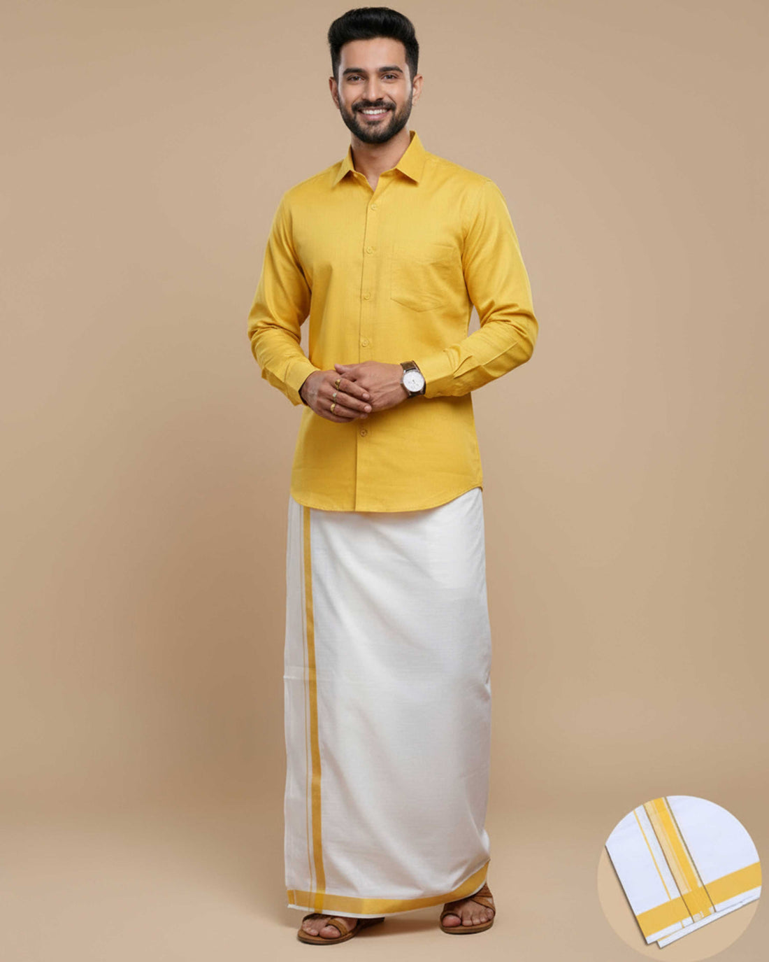 Shirt & Dhoti Set with Traditional Border - Yellow