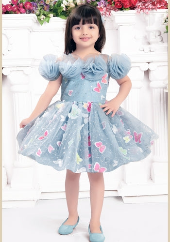 Sky Blue Colour Embellished Sequel Work Frock
