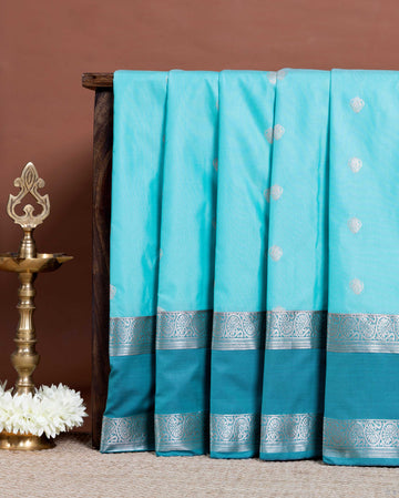 Soft Silk Saree with Intricate Zari Butti Weave and Rich Contrast Border Finish - Sky Blue