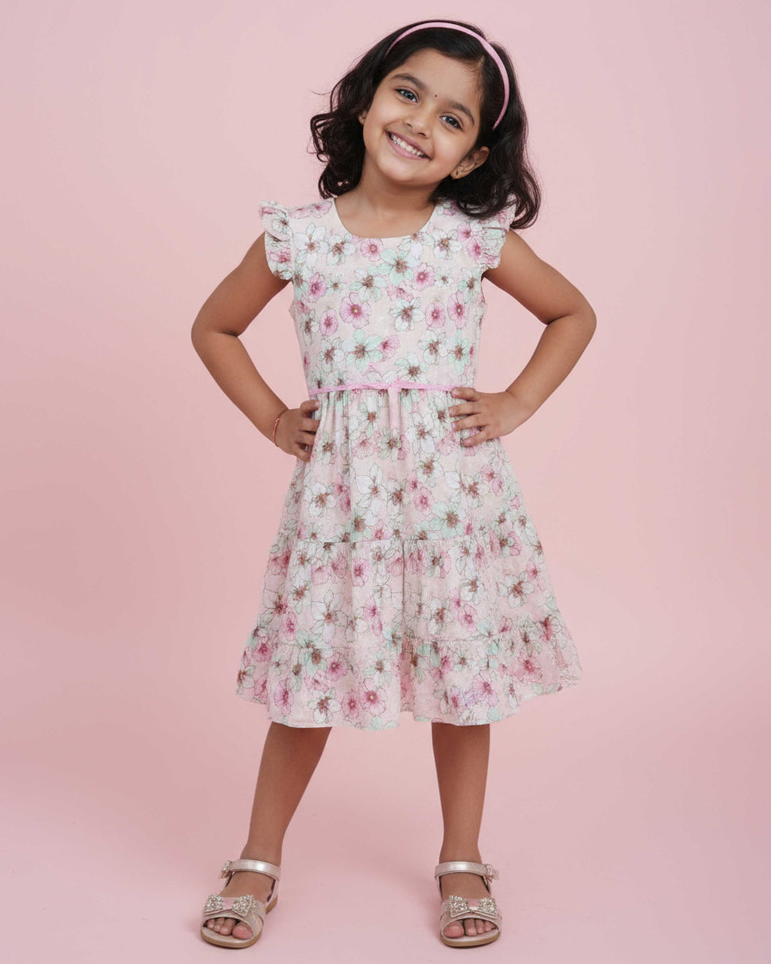 Stylish Floral Print Girls' Ruffled Sleeve Tiered Frock Dress - White