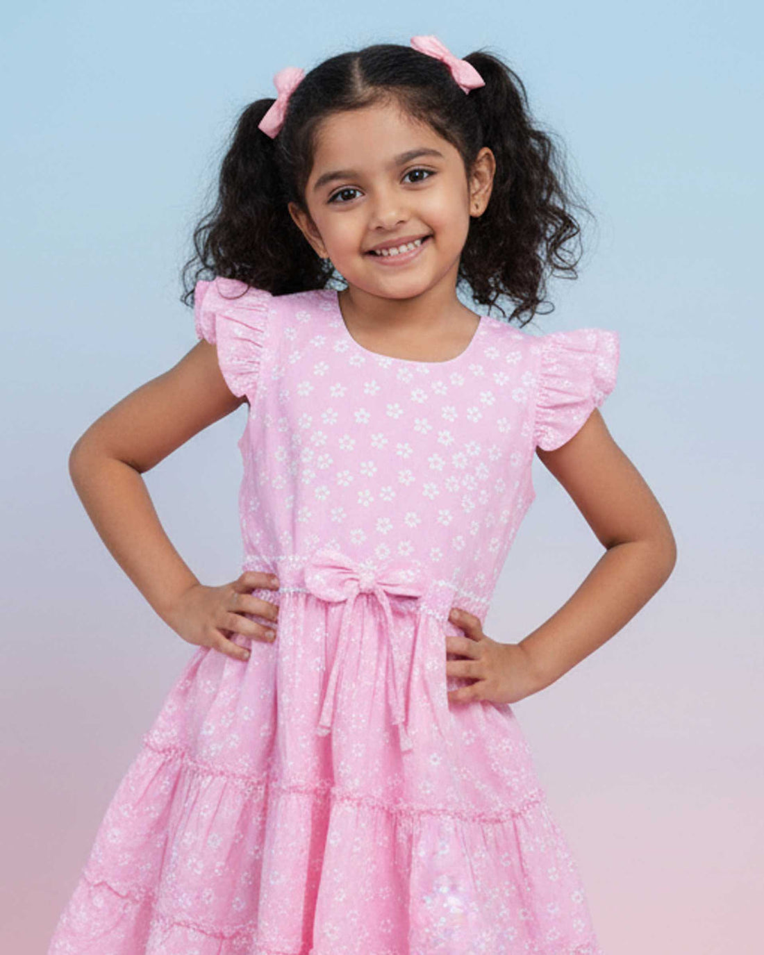Stylish Floral Print Layered Kids Frock with Ruffled Sleeves and Waist Tie Bow Design - Pink