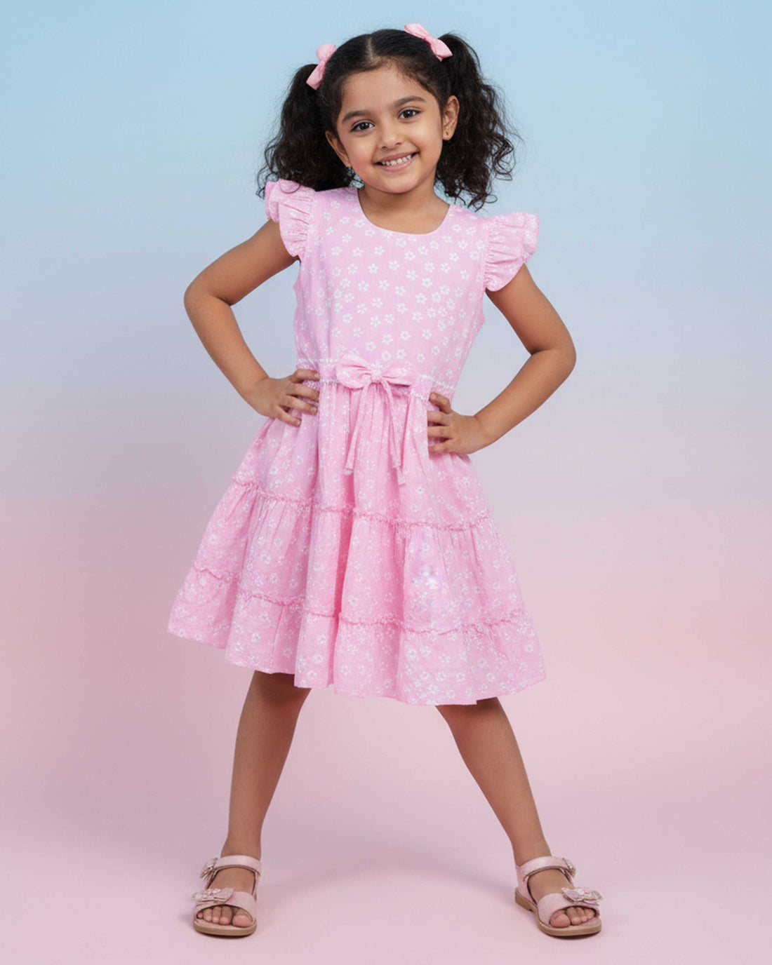 Stylish Floral Print Layered Kids Frock with Ruffled Sleeves and Waist Tie Bow Design - Pink