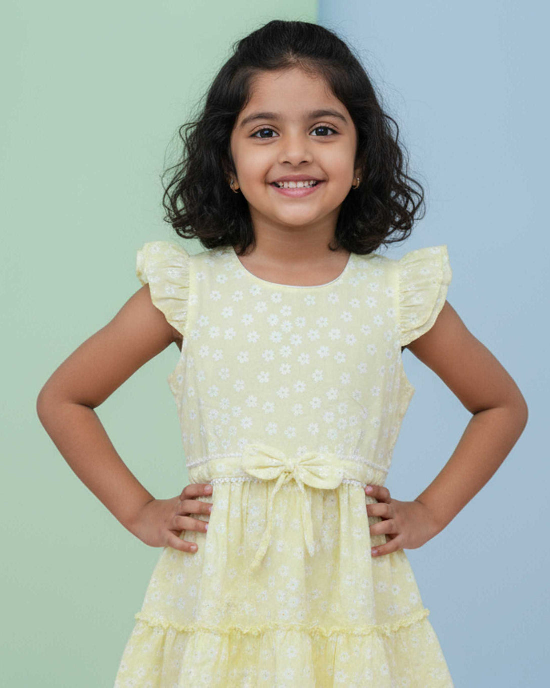 Stylish Floral Print Layered Kids Frock with Ruffled Sleeves and Waist Tie Bow Design - Yellow