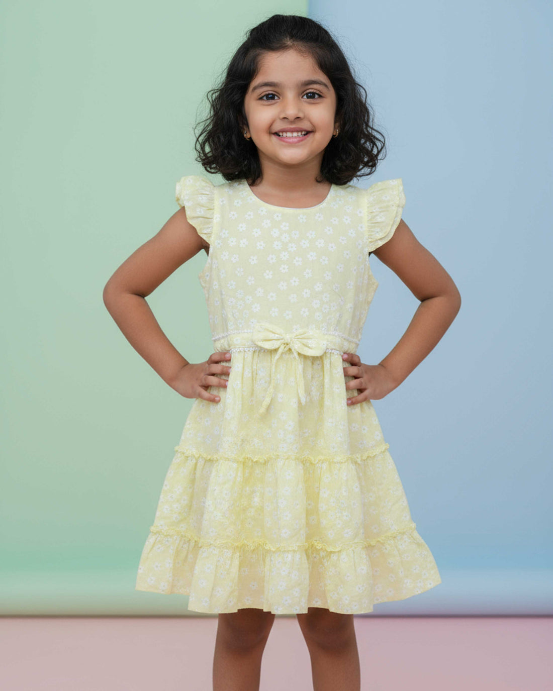Stylish Floral Print Layered Kids Frock with Ruffled Sleeves and Waist Tie Bow Design - Yellow