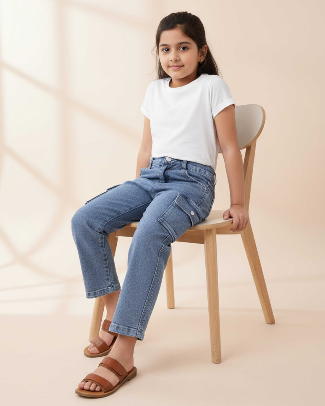 Stylish Girls Cargo Denim Jeans with Side Pockets and Comfortable Relaxed Fit  - Grey