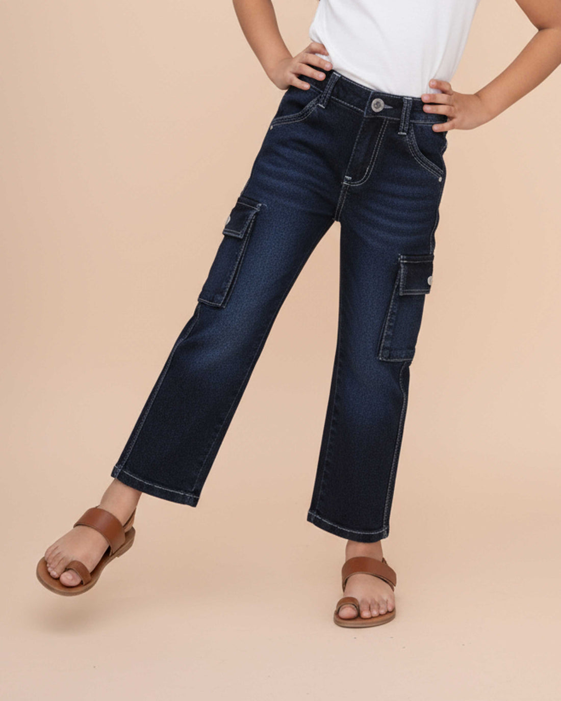 Stylish Girls Cargo Denim Jeans with Side Pockets and Comfortable Relaxed Fit - Black