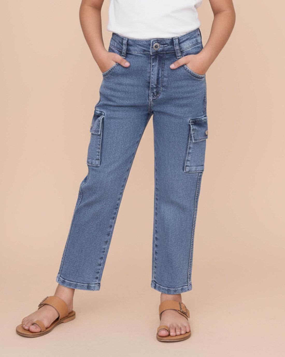 Stylish Girls Cargo Denim Jeans with Side Pockets and Comfortable Relaxed Fit  - Grey