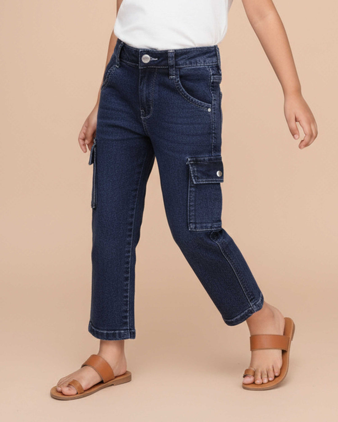 Stylish Girls Cargo Denim Jeans with Side Pockets and Comfortable Relaxed Fit - Blue