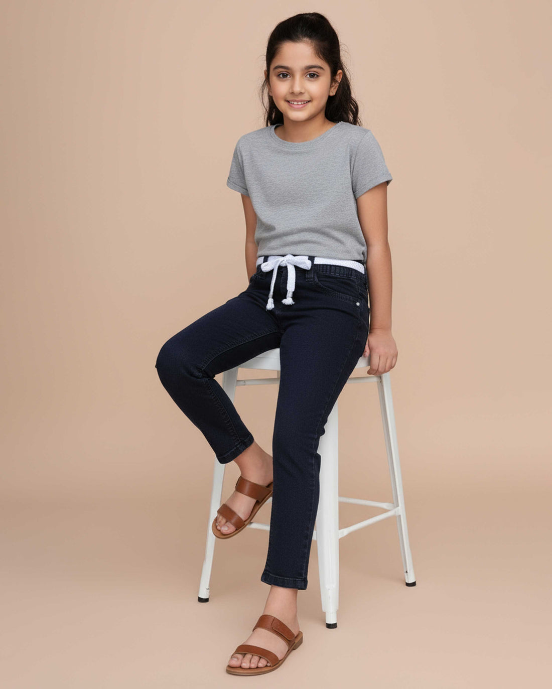 Stylish Girls Denim Jeans with Comfortable Fit and Trendy Belt Design  - Black