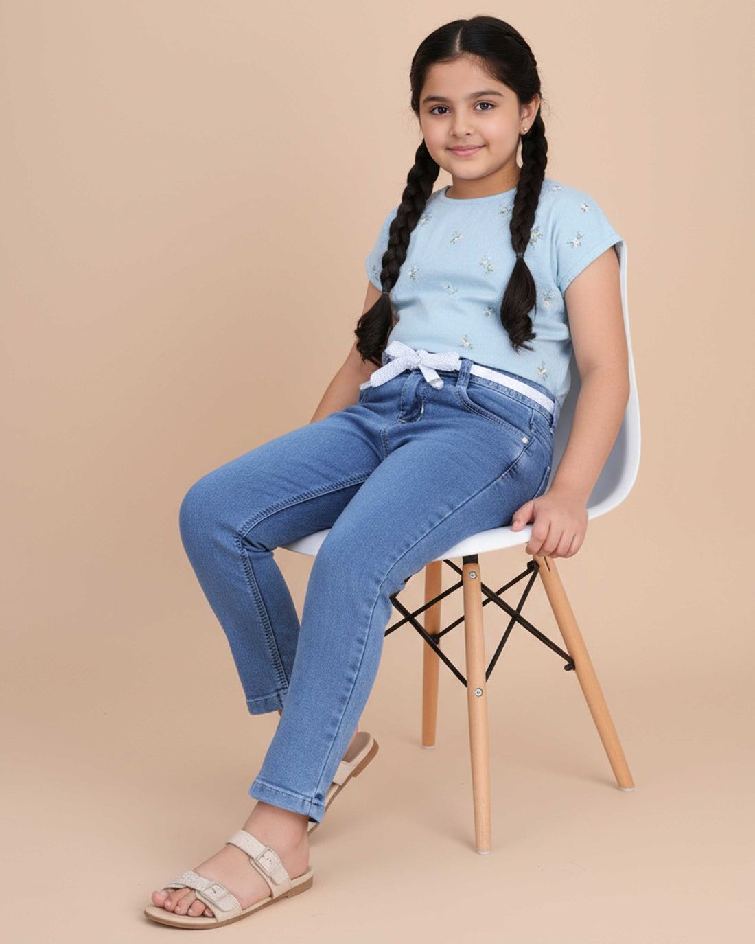 Stylish Girls Denim Jeans with Comfortable Fit and Trendy Belt Design - Blue