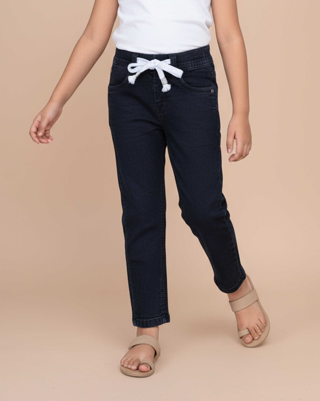 Stylish Girls Denim Jeans with Comfortable Fit and Trendy Belt Design  - Black
