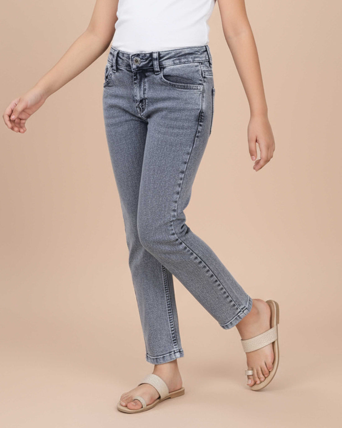 Stylish Girls Denim Solid Jeans - Grey