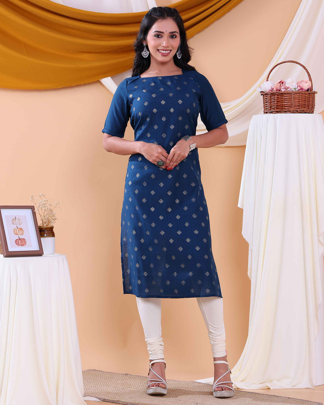 Stylish Printed Women’s Straight Kurta with Round Neck and Elbow Sleeves - Blue