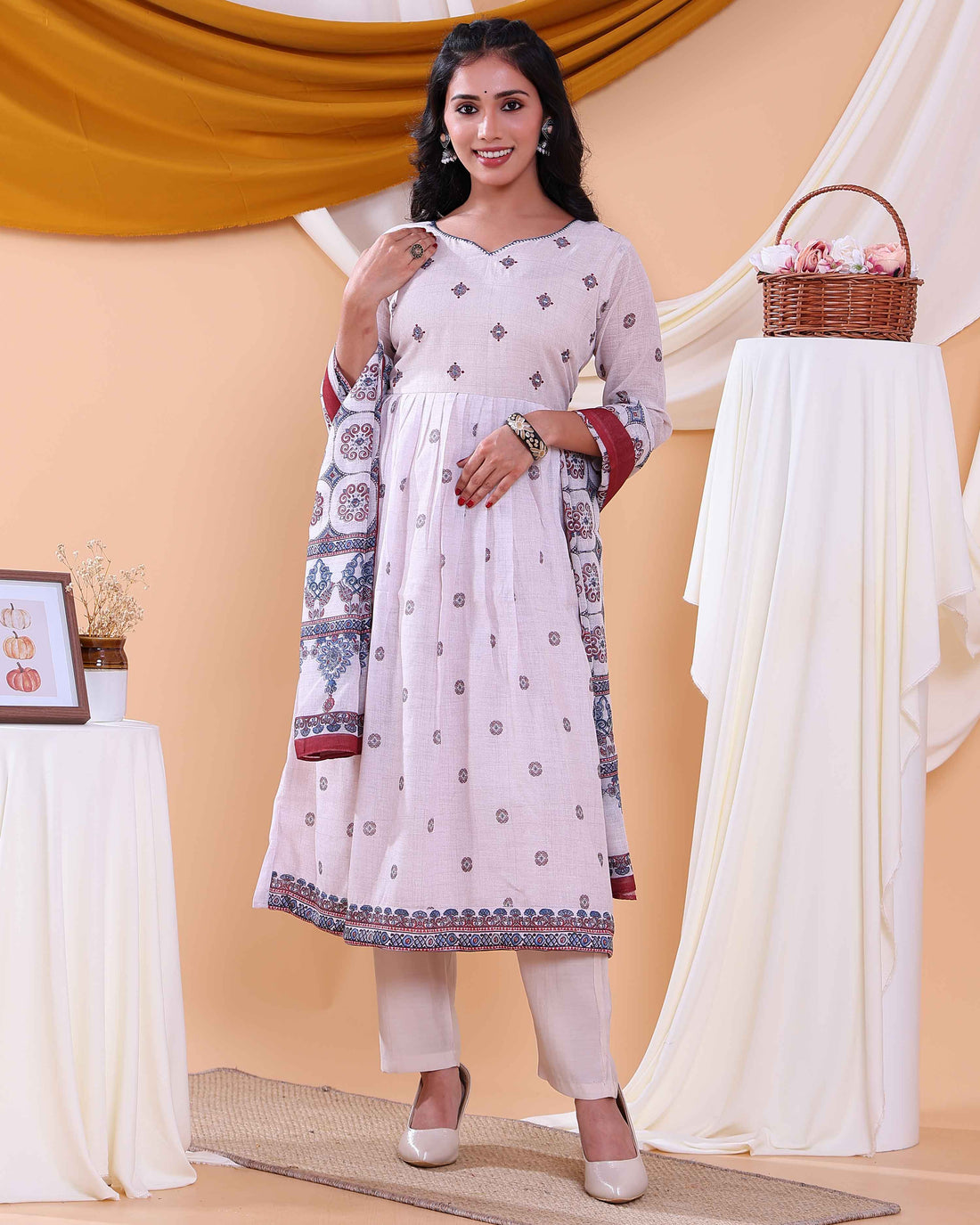 Stylish Women's Geometric Printed Anarkali Kurta Set with Dupatta - Sandal