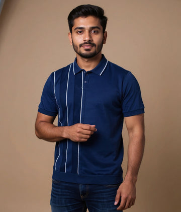 Men's Textured Slim Fit Nativebull T-Shirt with Short Sleeves and Button Closure - Navy Blue
