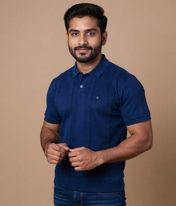Men's Textured Knit Nativebull T-shirt with Ribbed Collar & Half Sleeves - Navy Blue