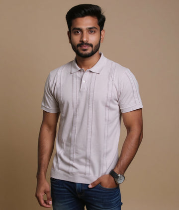 Men's Textured Knit Nativebull T-shirt with Ribbed Collar & Half Sleeves - Beige
