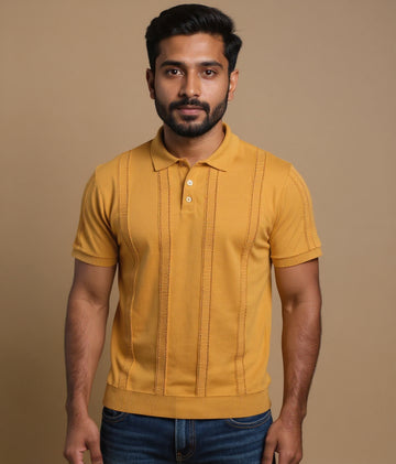 Men's Textured Slim Fit Nativebull T-Shirt with Short Sleeves and Button Closure - Yellow