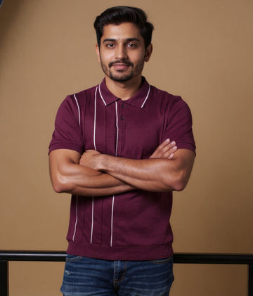 Men's Striped Nativebull Collar Half Sleeve T-Shirt - Maroon