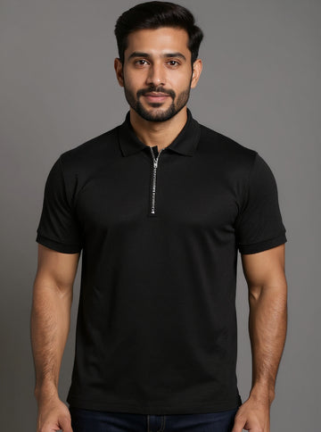 Men's Slim Fit Solid Nativebull T-Shirt with Zipper Collar and Half Sleeves - Black