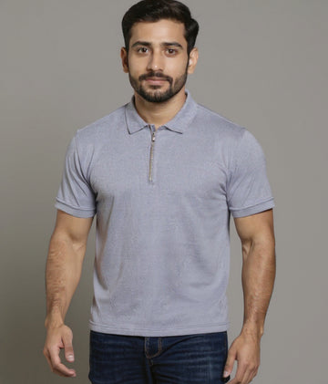 Men's Solid Nativebull T-shirt with Zippered Collar and Half Sleeves - Grey