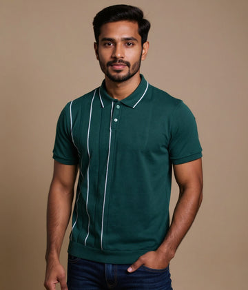 Men's Textured Slim Fit Nativebull T-Shirt with Short Sleeves and Button Closure - Green