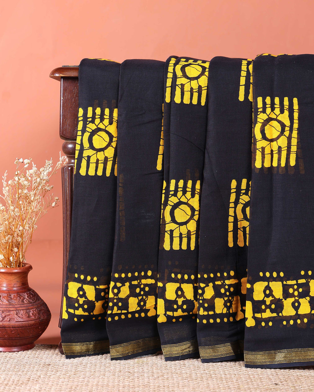 Traditional Batik Printed Mul Mul Cotton Saree with Traditional Motifs - Black