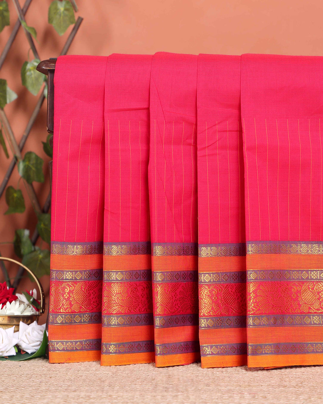 Traditional Chettinad Cotton Saree with Contrast Border and Grid Pattern - Pink
