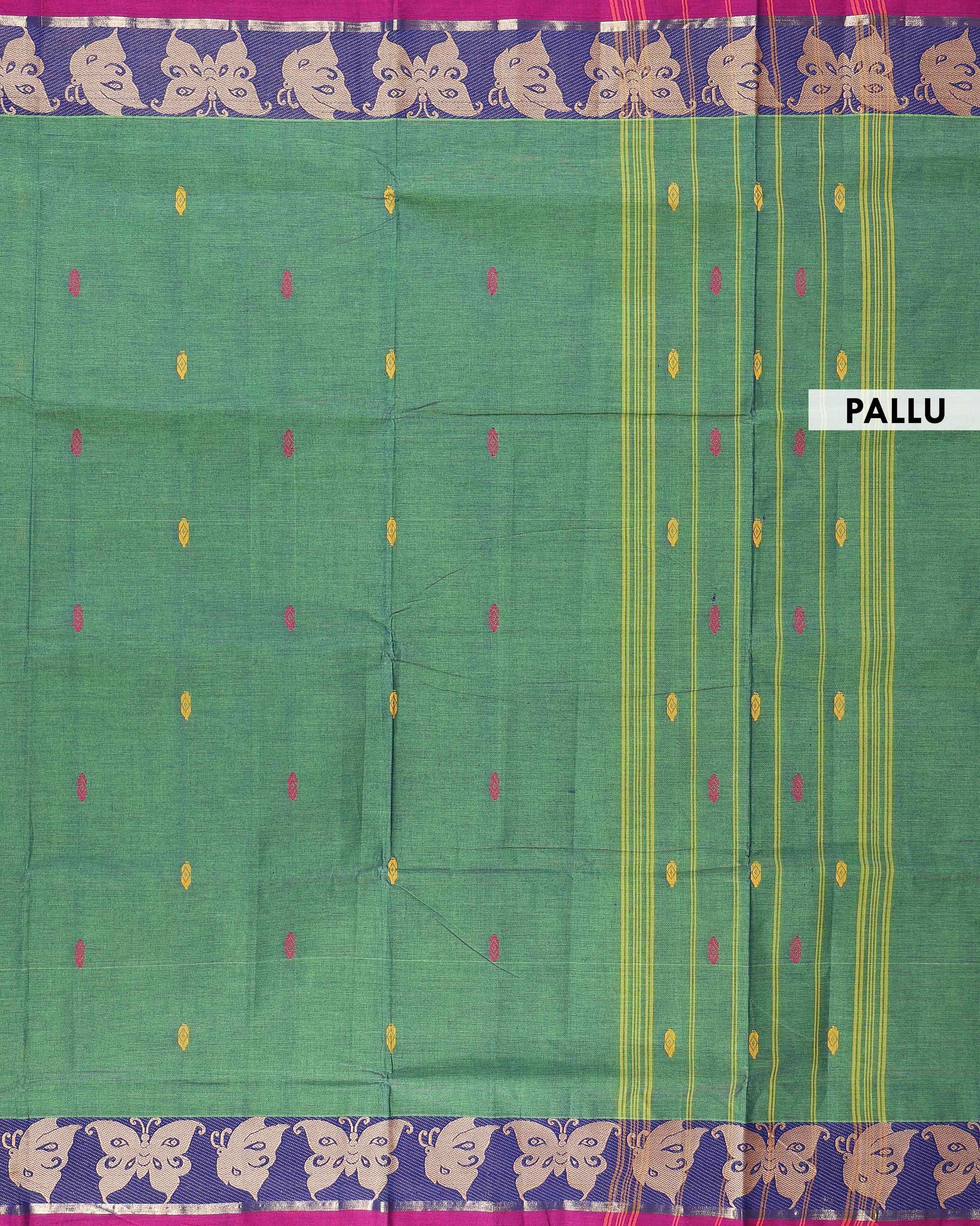 Traditional Chettinad Cotton Saree with Contrast Woven Temple Border and Motif Design - Green