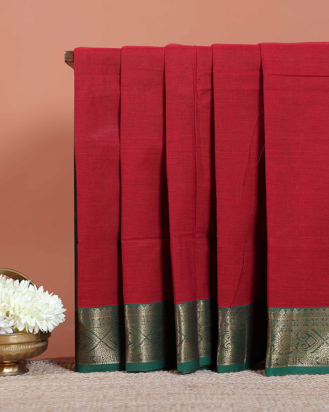 Traditional Chettinad Cotton Saree with  Contrast Zari Woven Border and Classic Solid Body - Maroon