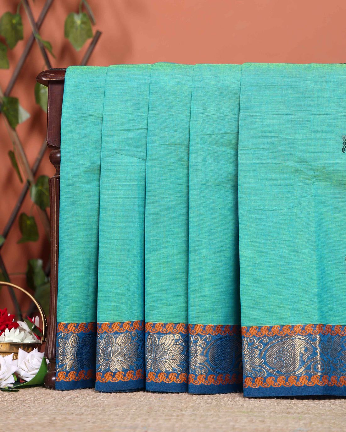 Traditional Chettinad Cotton Saree with Contrast Zari Woven Border and Fine Handloom Weave - Blue