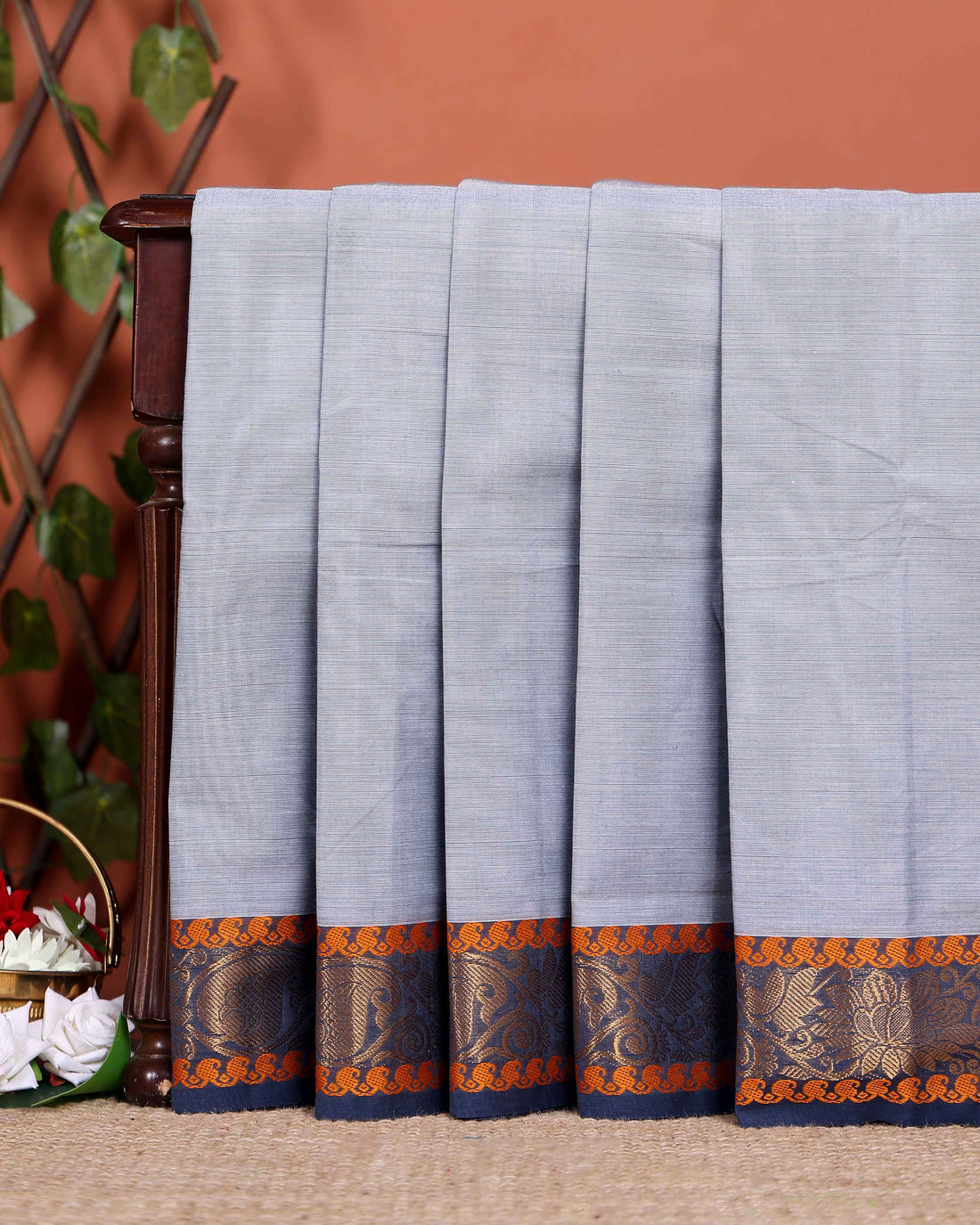 Traditional Chettinad Cotton Saree with Contrast Zari Woven Border and Fine Handloom Weave - Grey