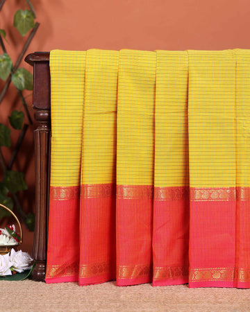 Traditional Chettinad Cotton Saree with Grid Pattern and Contrast Border - Yellow