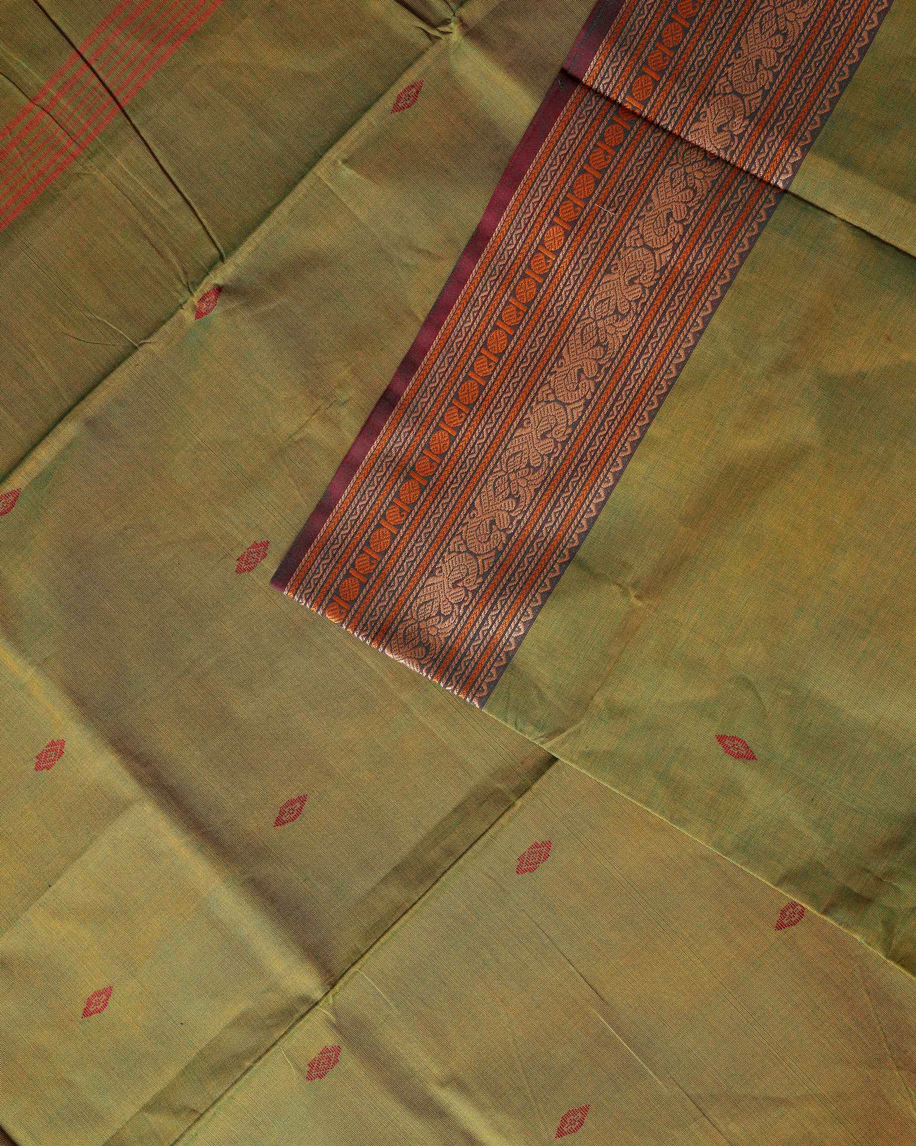 Traditional Chettinad Cotton Saree with Intricate Thread Woven Border and Subtle Body Weave - Green