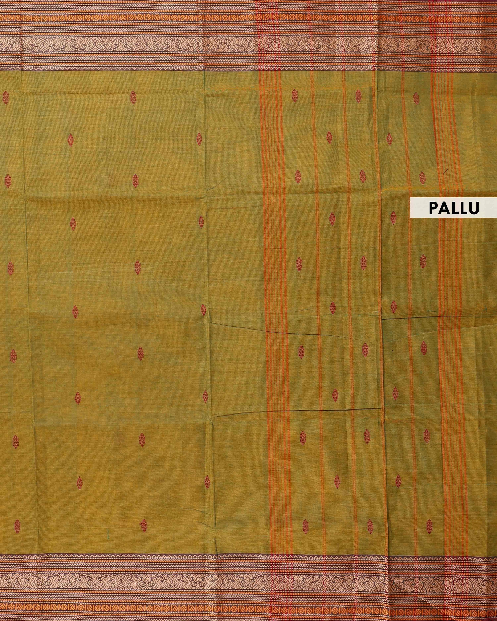 Traditional Chettinad Cotton Saree with Intricate Thread Woven Border and Subtle Body Weave - Green