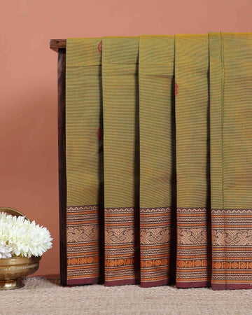 Traditional Chettinad Cotton Saree with Intricate Thread Woven Border and Subtle Body Weave - Green