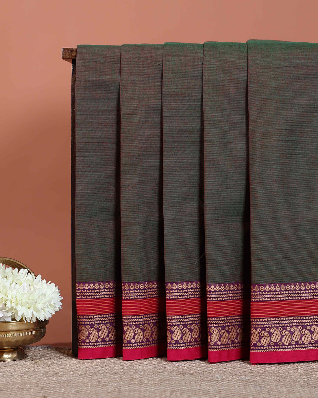 Traditional Chettinad Cotton Saree with Rich Contrast Zari Woven Border and Classic Body Weave - Green