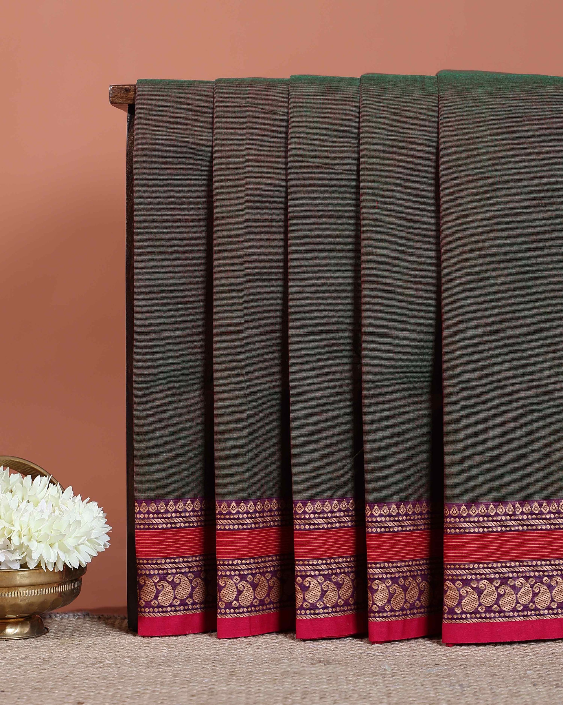 Traditional Chettinad Cotton Saree with Rich Contrast Zari Woven Border and Classic Body Weave - Green