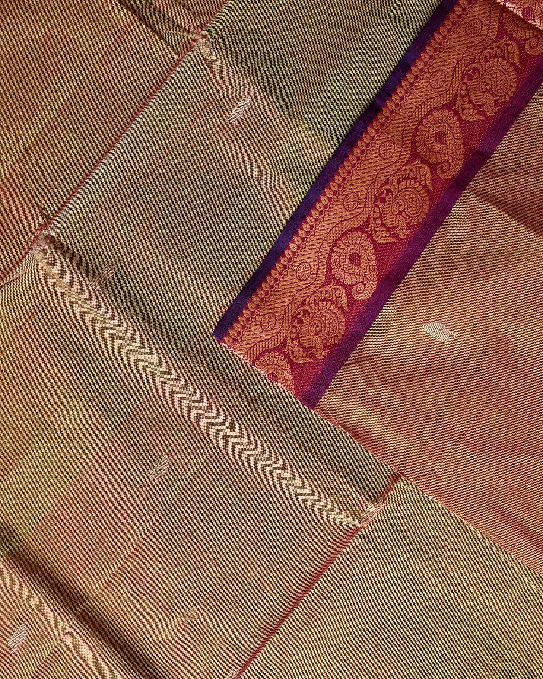 Traditional Chettinad Cotton Saree with Rich Paisley Zari Woven Border and Subtle Handloom Weave - Olive Green