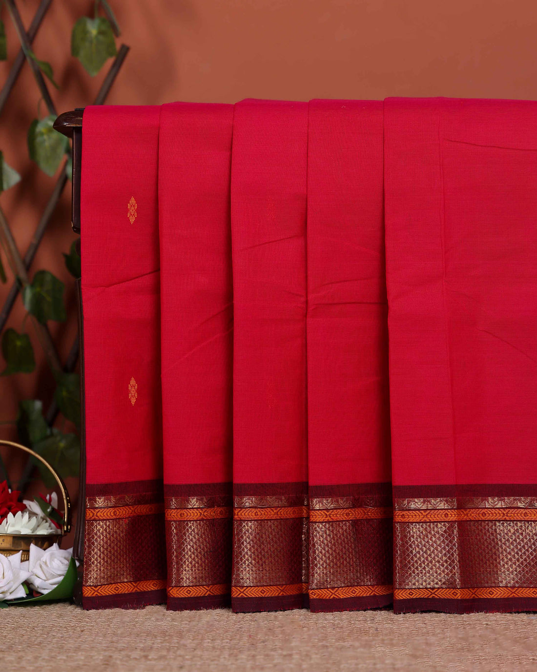 Traditional Chettinad Cotton Saree with Rich Zari Border and Fine Handloom Weave - Dark Pink