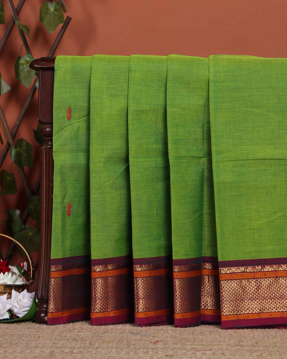 Traditional Chettinad Cotton Saree with Rich Zari Border and Fine Handloom Weave - Green