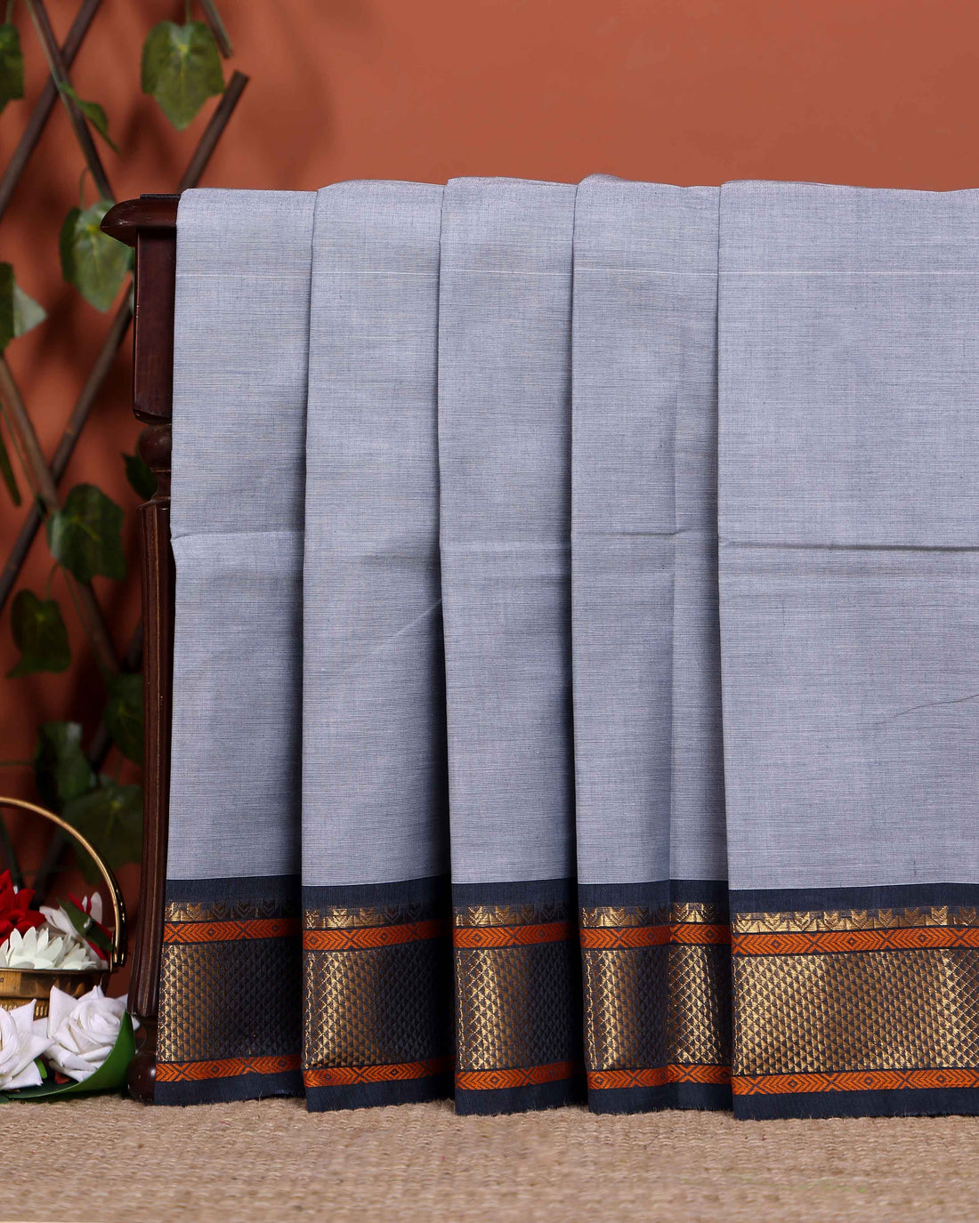 Traditional Chettinad Cotton Saree with Rich Zari Border and Fine Handloom Weave - Grey