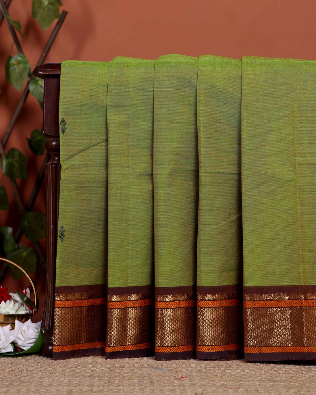 Traditional Chettinad Cotton Saree with Rich Zari Border and Fine Handloom Weave - Light Green