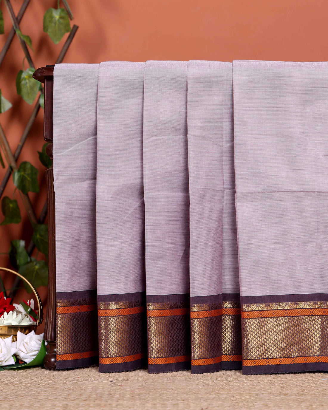 Traditional Chettinad Cotton Saree with Rich Zari Border and Fine Handloom Weave - Light  Lavender