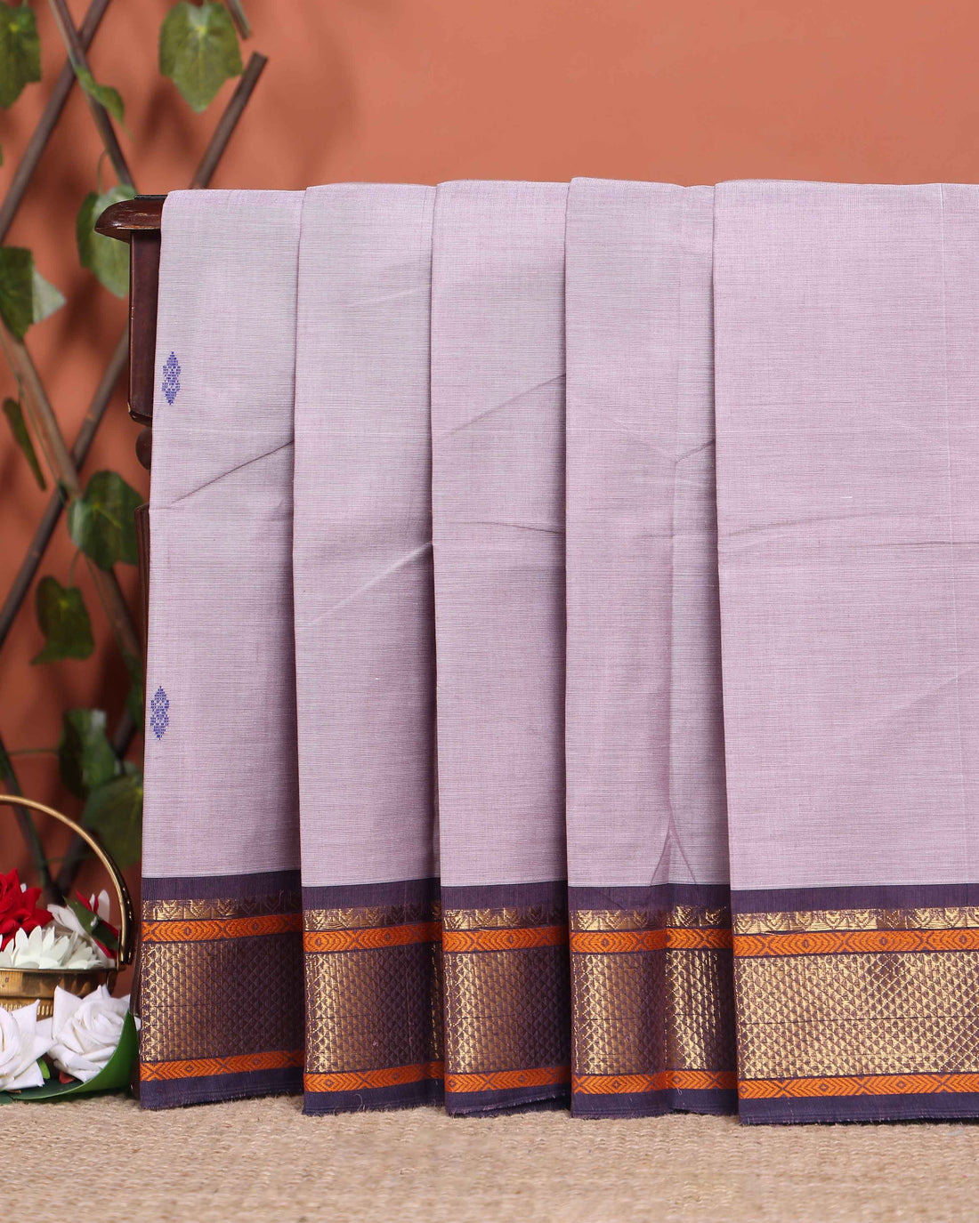 Traditional Chettinad Cotton Saree with Rich Zari Border and Fine Handloom Weave - Light  Purple