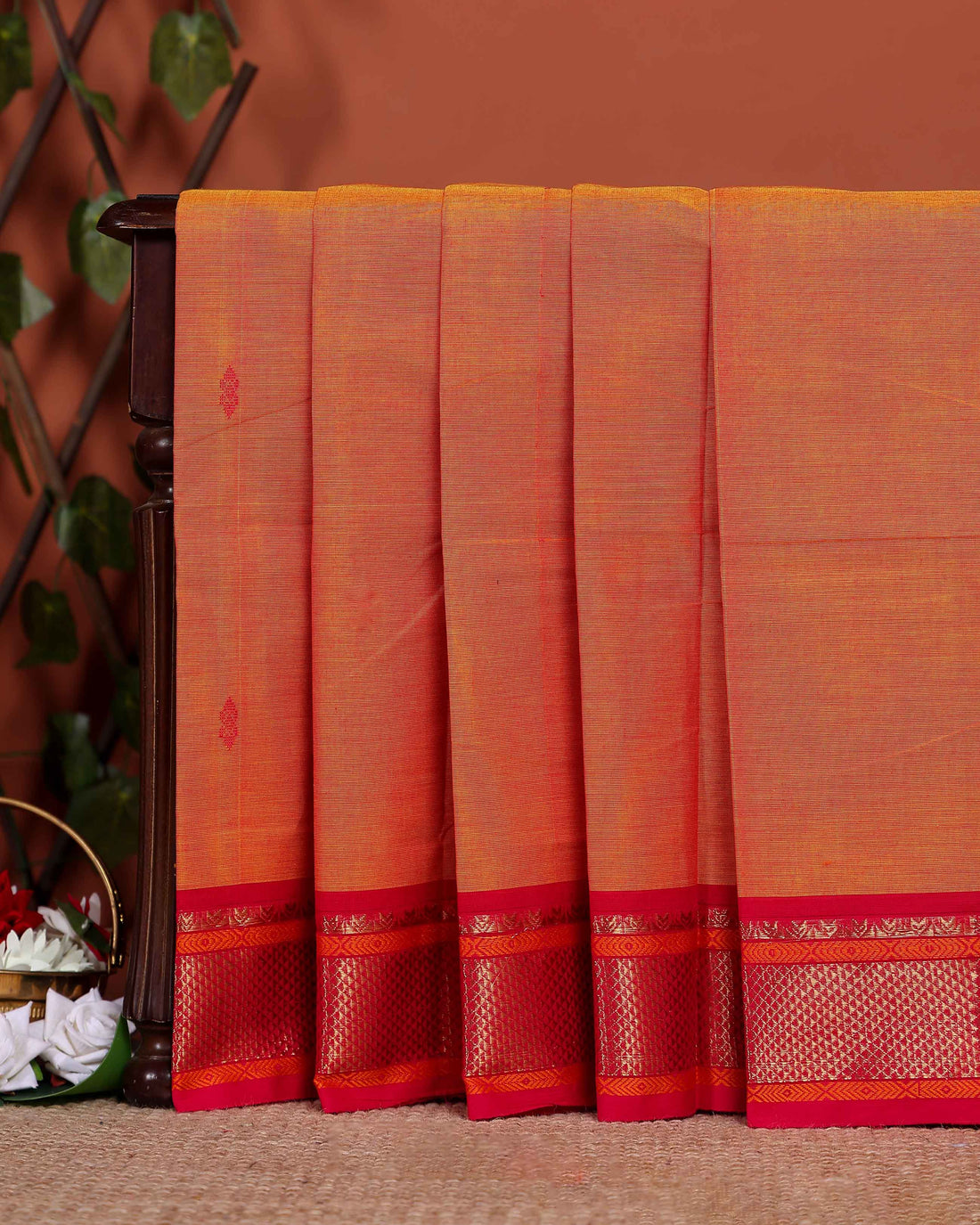 Traditional Chettinad Cotton Saree with Rich Zari Border and Fine Handloom Weave - Orange